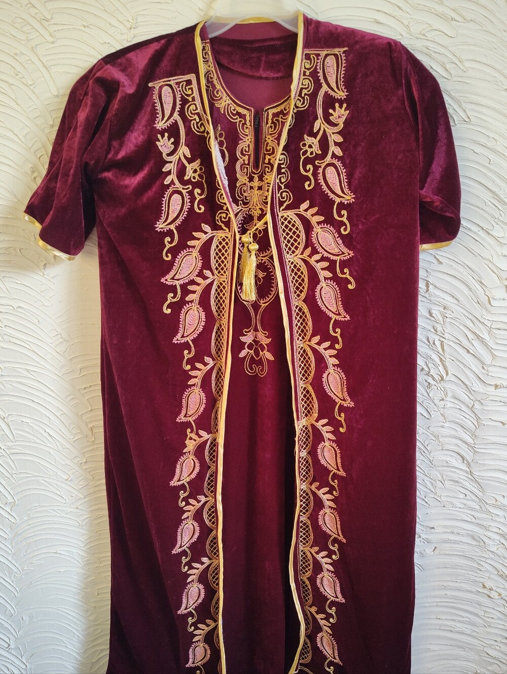 Vintage Moroccan Style Caftan and Robe Red Velvet Dress w/ Gold Embroidery